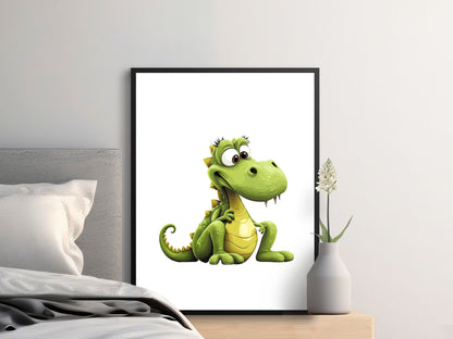 Cute Green Cartoon Dinosaur Wall Art Print, Children's Room Decor, Playful Nursery Poster, Animal Illustration