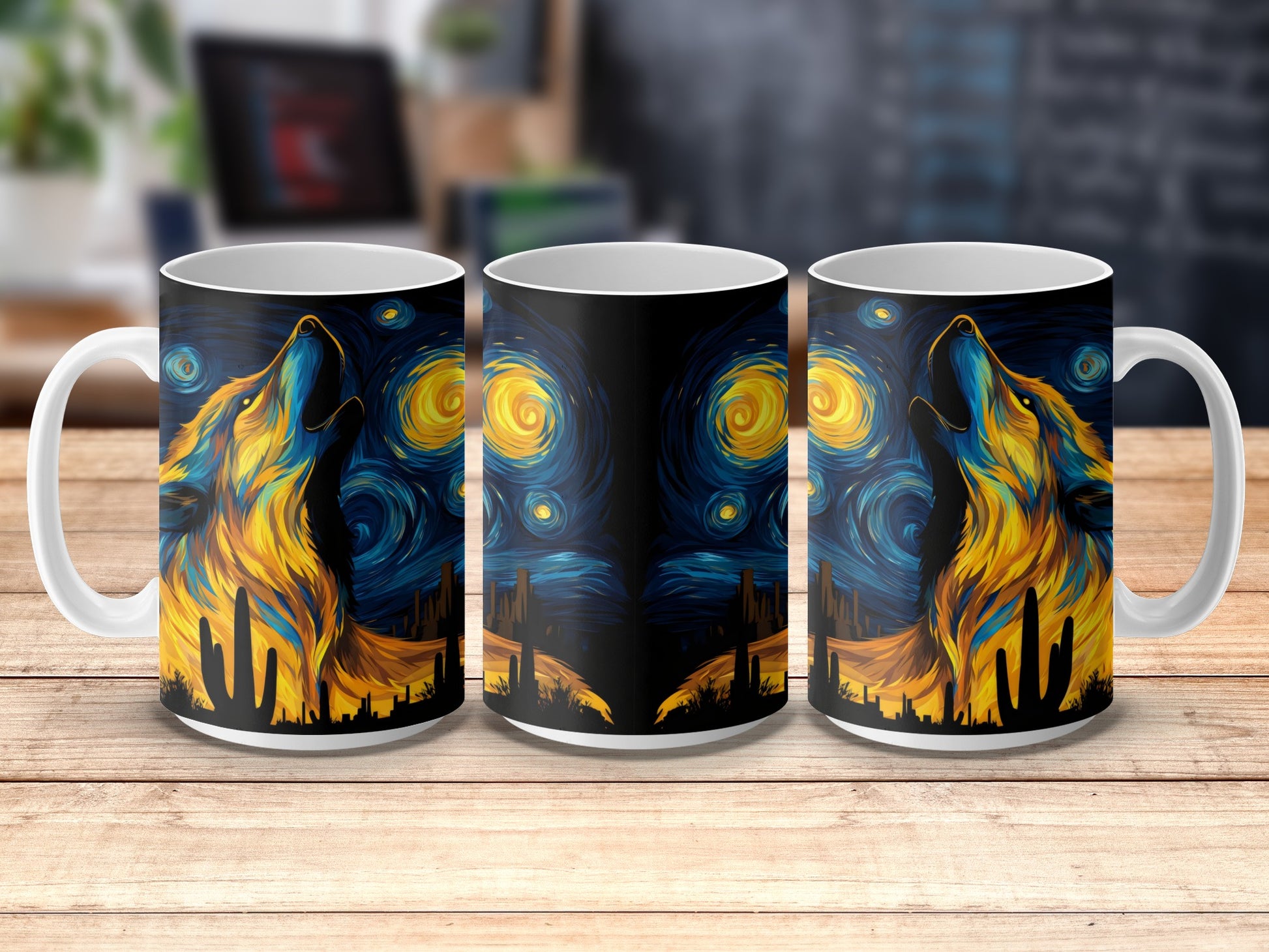 Van Gogh Starry Night Inspired Wolf Coffee Mug, Artistic Ceramic Mug, Unique Gift Idea