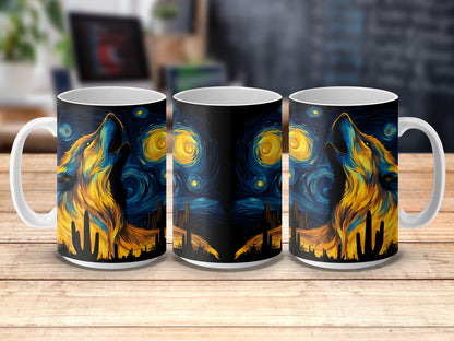 Van Gogh Starry Night Inspired Wolf Coffee Mug, Artistic Ceramic Mug, Unique Gift Idea