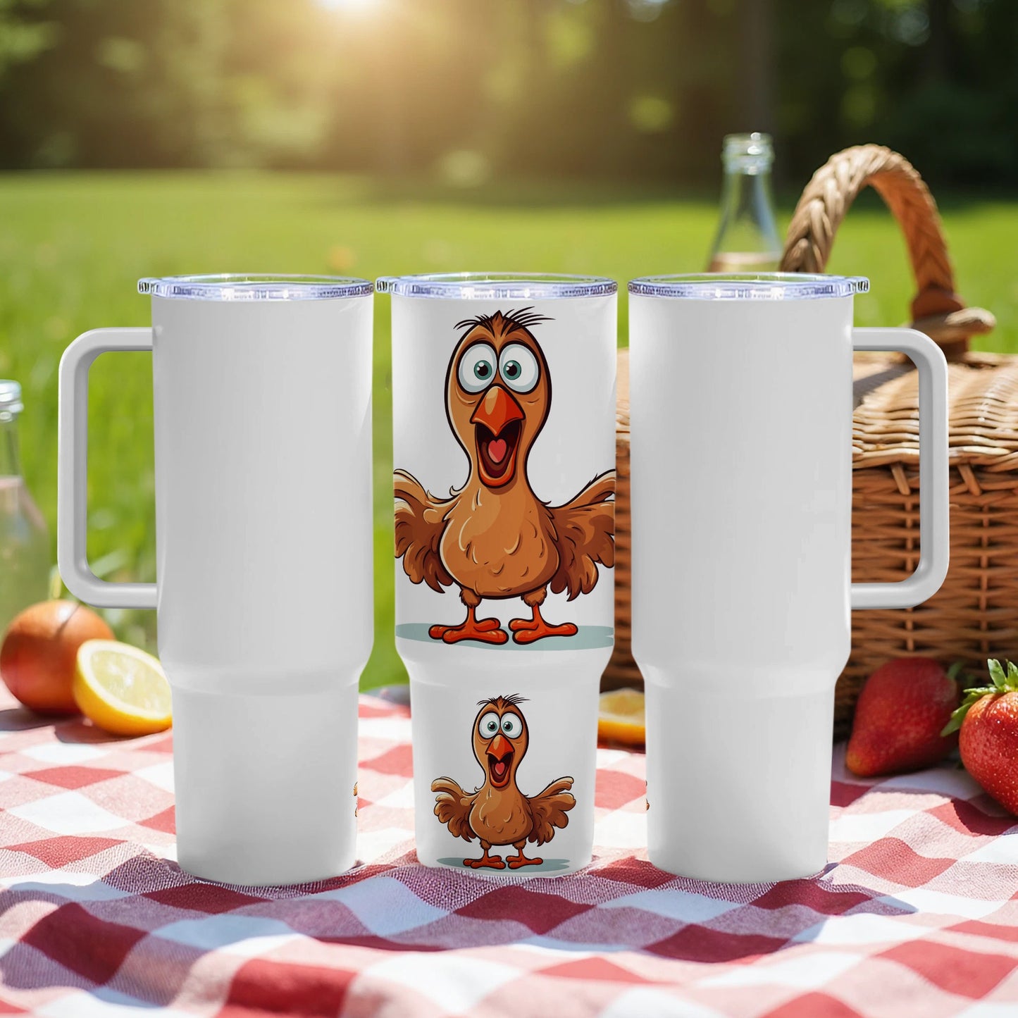 Cartoon Chicken Tumbler Cups, Insulated Drinkware, Funny Farm Animal Design, Picnic Accessories, Set of Two White Tumblers