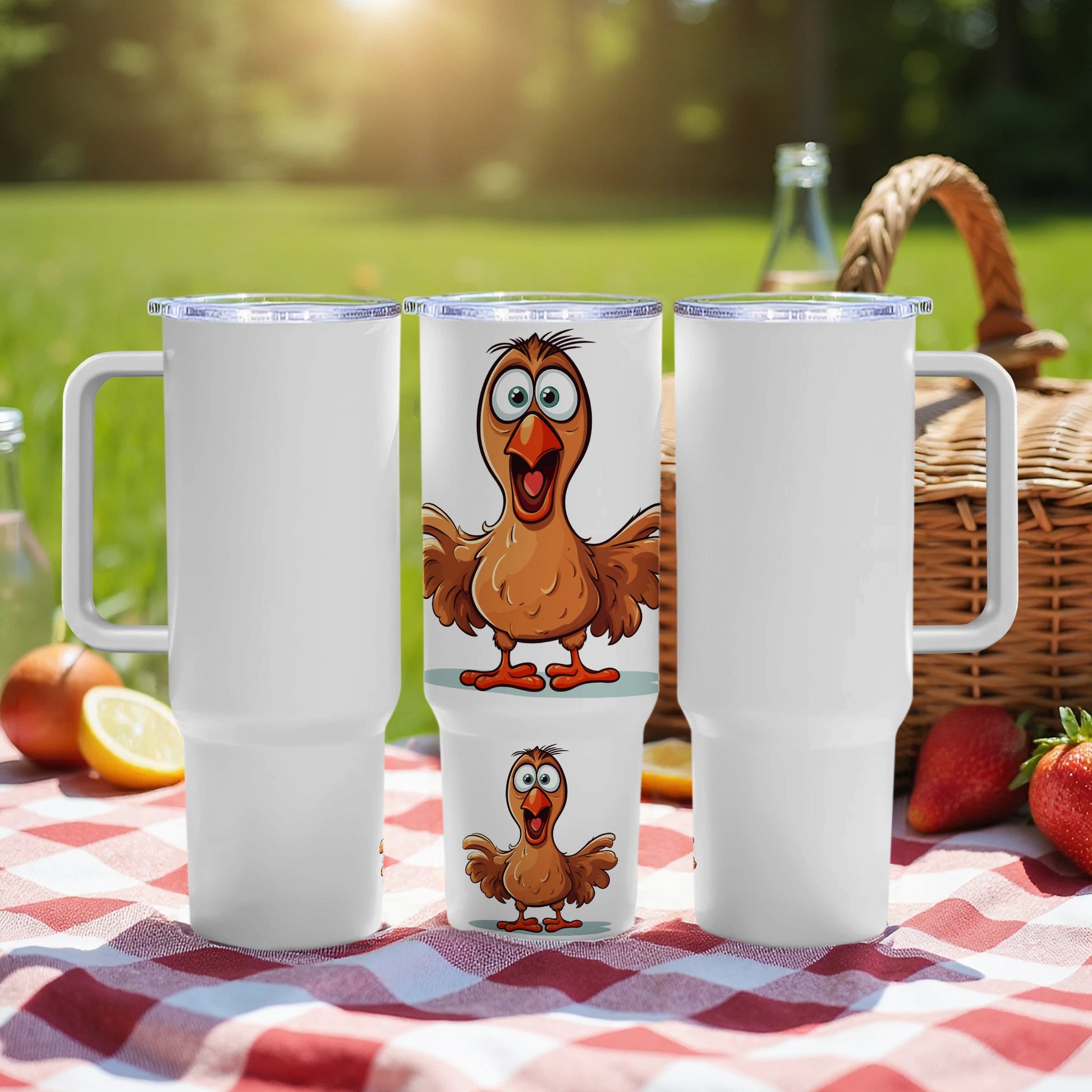Cartoon Chicken Tumbler Cups, Insulated Drinkware, Funny Farm Animal Design, Picnic Accessories, Set of Two White Tumblers