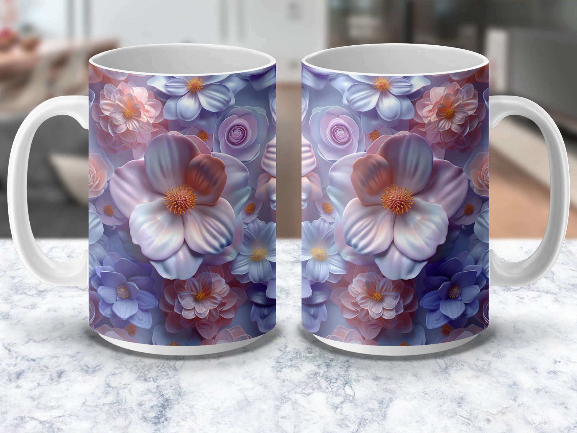 Floral Coffee Mugs, Purple and Blue Flowers Design, Set of 2 Ceramic Cups, Perfect for Gift