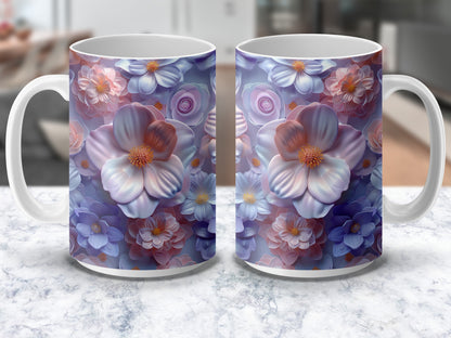 Floral Coffee Mugs, Purple and Blue Flowers Design, Set of 2 Ceramic Cups, Perfect for Gift