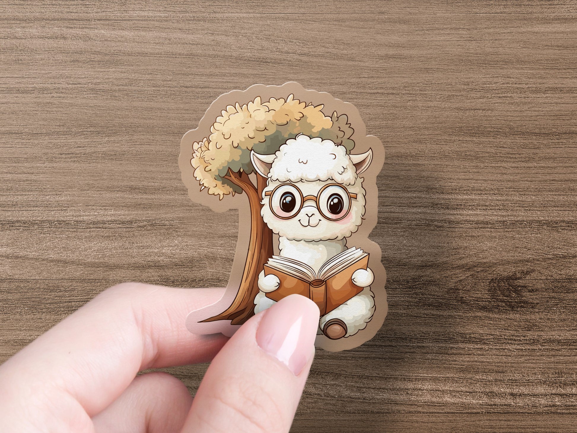 Cute Llama Reading Book Near Tree Sticker product