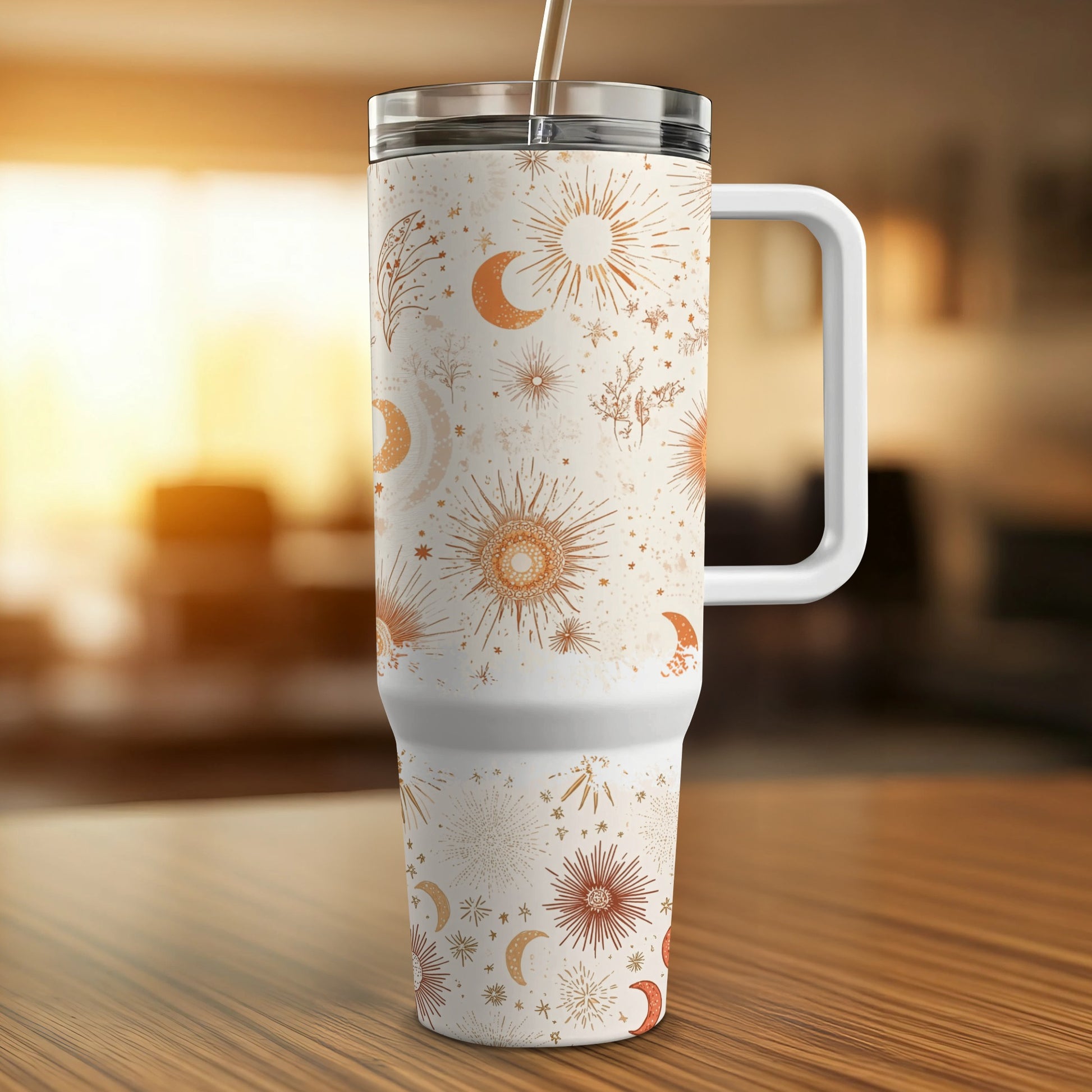 Celestial Pattern Travel Mug, Insulated Coffee Cup, Sun Moon Stars, White Gold, Reusable Drinkware, Unique Gift Idea
