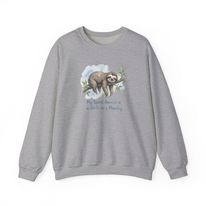 Gray sweatshirt with a watercolor sloth hanging from a branch, with text.