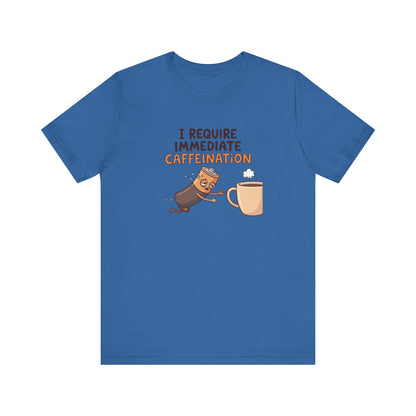 Battery character reaching for a steaming cup of coffee with "I require immediate caffeination" text.