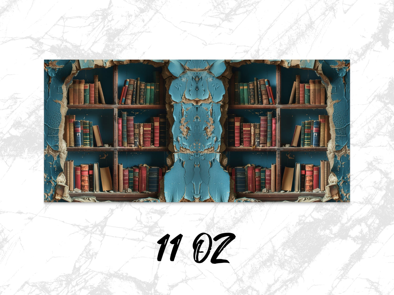 Vintage Bookshelf Design Coffee Mug, Distressed Blue Finish, 11 oz Literary Themed Kitchenware