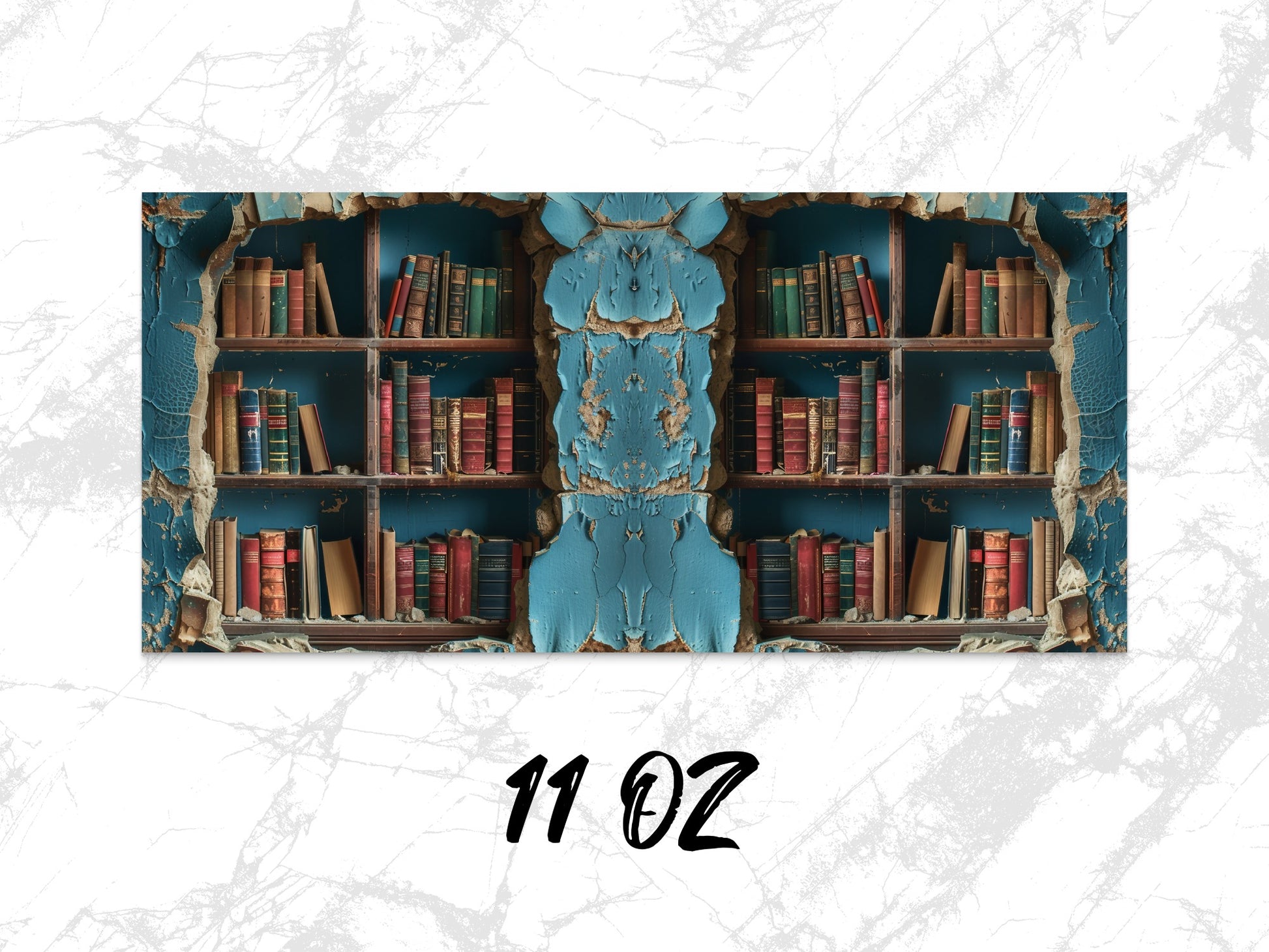 Vintage Bookshelf Design Coffee Mug, Distressed Blue Finish, 11 oz Literary Themed Kitchenware
