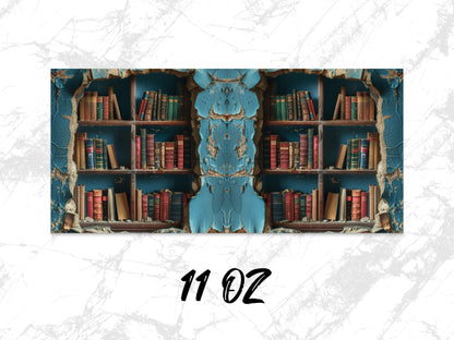 Vintage Bookshelf Design Coffee Mug, Distressed Blue Finish, 11 oz Literary Themed Kitchenware