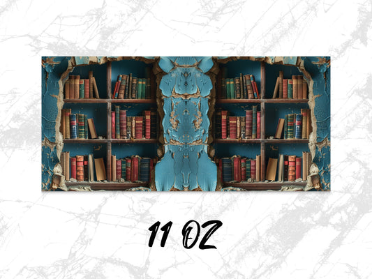 Vintage Bookshelf Design Coffee Mug, Distressed Blue Finish, 11 oz Literary Themed Kitchenware