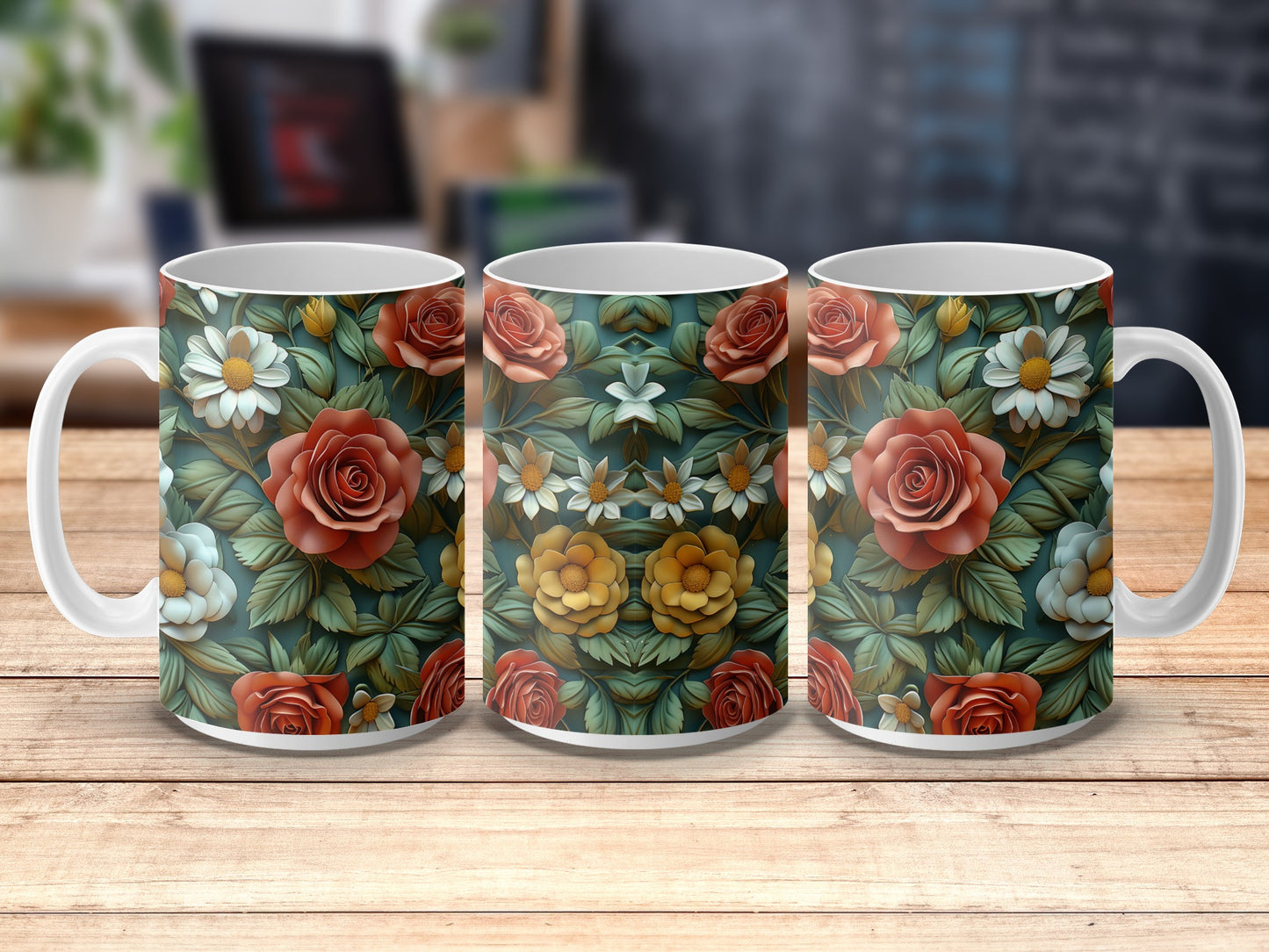 Floral Coffee Mugs, Set of 3, Rose and Daisy Print, Vintage Style Tea Cups, Kitchen Decor, Gift Idea