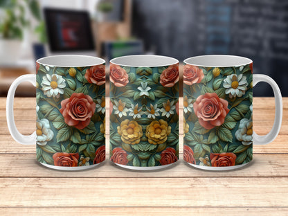 Floral Coffee Mugs, Set of 3, Rose and Daisy Print, Vintage Style Tea Cups, Kitchen Decor, Gift Idea