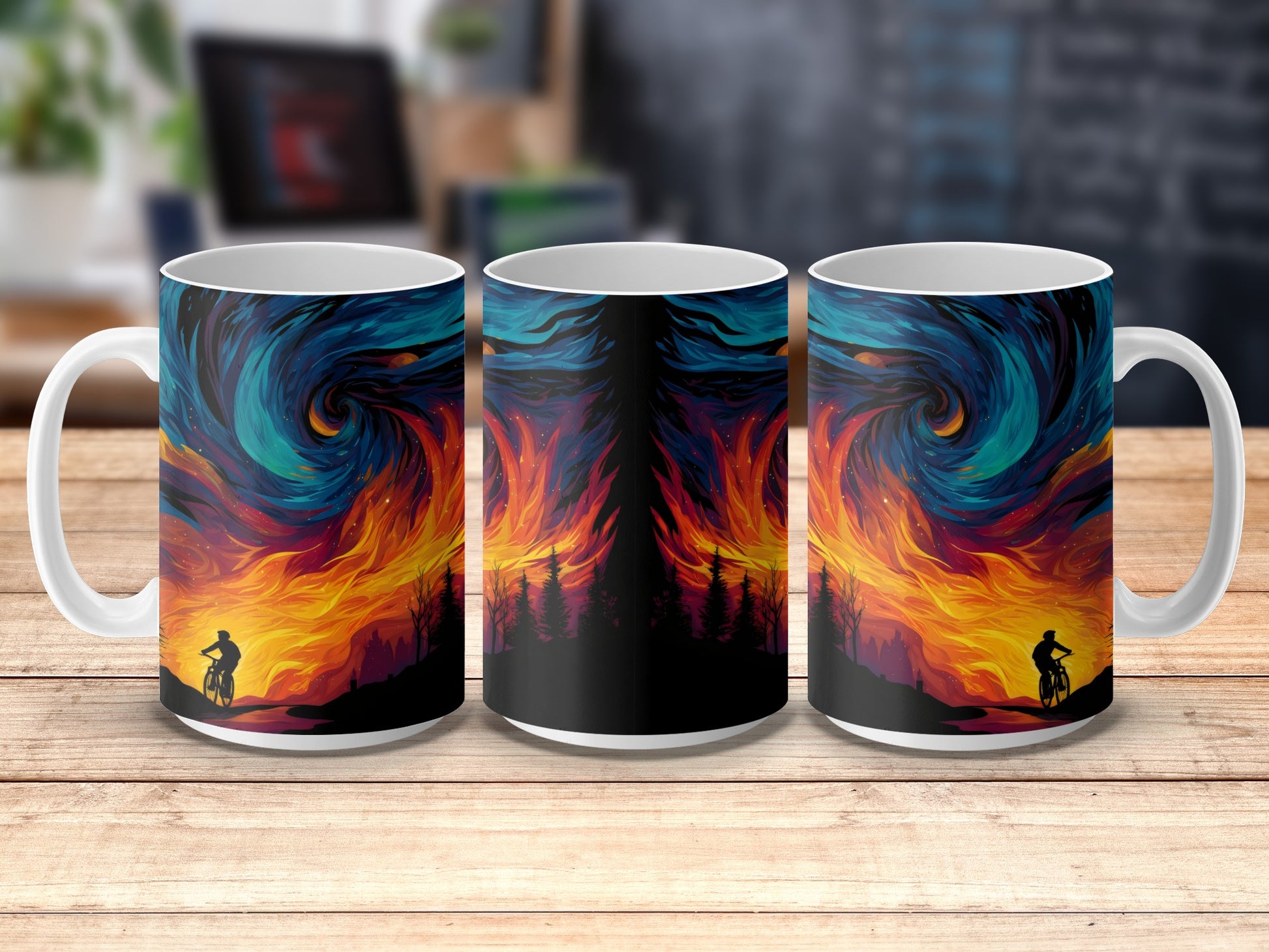 Vibrant Sunset Cyclist Coffee Mug, Colorful Abstract Art Drinkware, Unique Cyclist Gift Idea