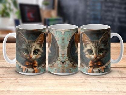 Cute Cat Mug with Vintage Blue Map Design, Perfect Cat Lover Gift, Coffee Cup