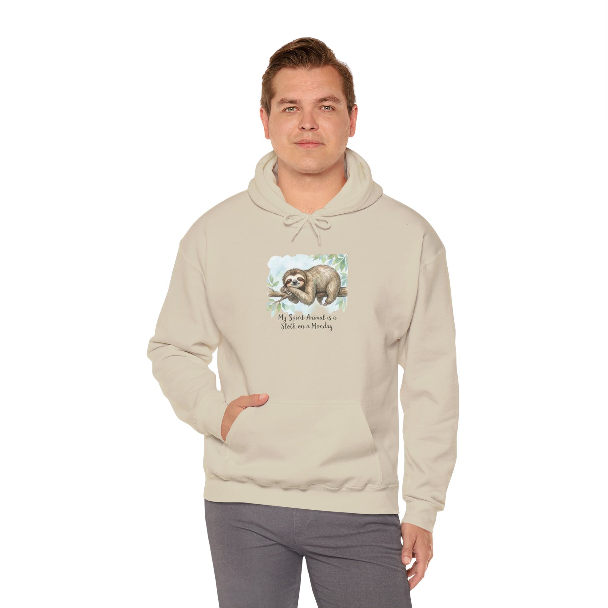 Light beige hoodie with sloth and text "My spirit animal is a sloth on a Monday."