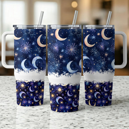 Celestial Design Tumblers, Starry Night Sky, Moon Phase Print, Insulated Travel Cups with Straws, Set of 3