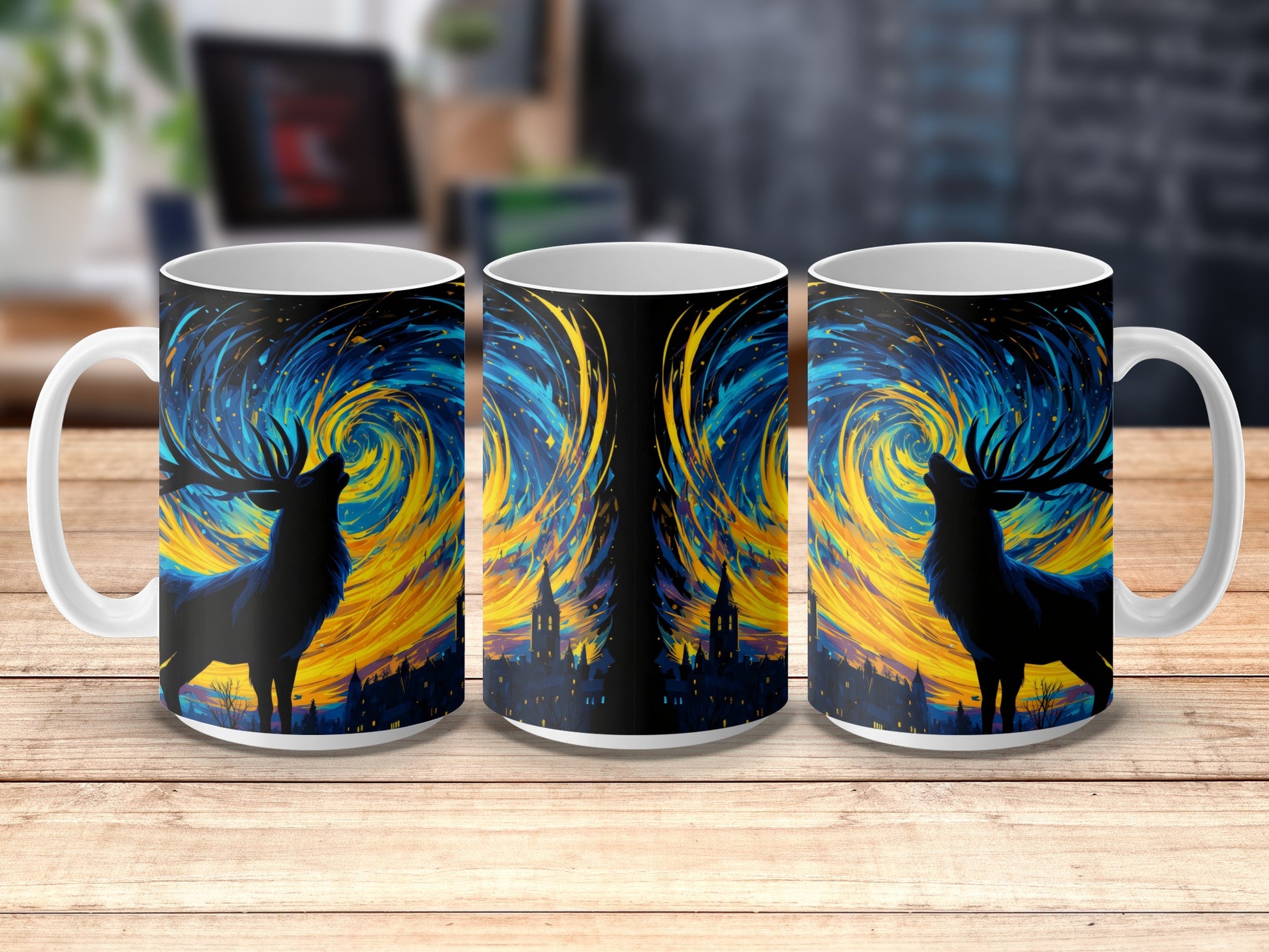 Starry Night Deer Silhouette Coffee Mug, Van Gogh Inspired Artistic Drinkware, Unique Ceramic Cup for Home and Office