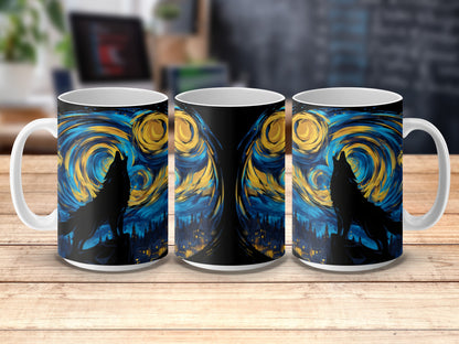 Van Gogh Starry Night Inspired Coffee Mugs, Artistic Blue and Yellow Ceramic Cups, Set of Three