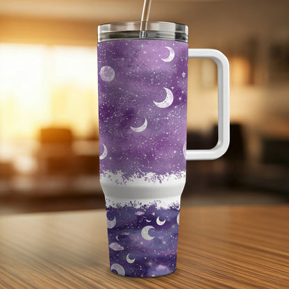 Galaxy Moon Phase Tumbler, Stainless Steel Insulated Travel Mug, Purple Space Coffee Cup, Gift for Astronomers