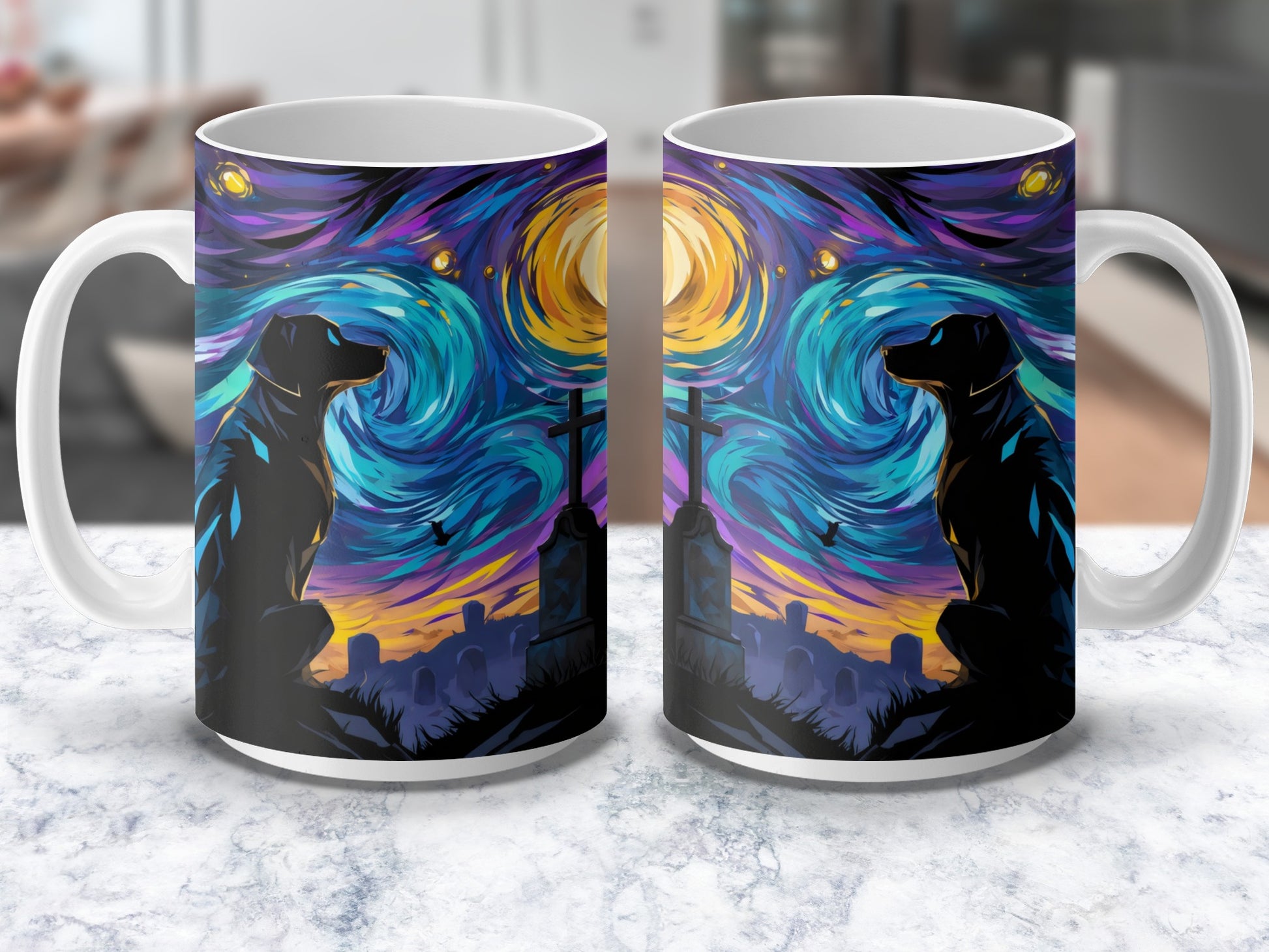 Colorful Wolf Silhouette Coffee Mugs, Vibrant Artistic Moon Night Design, Unique Animal Lover Gift