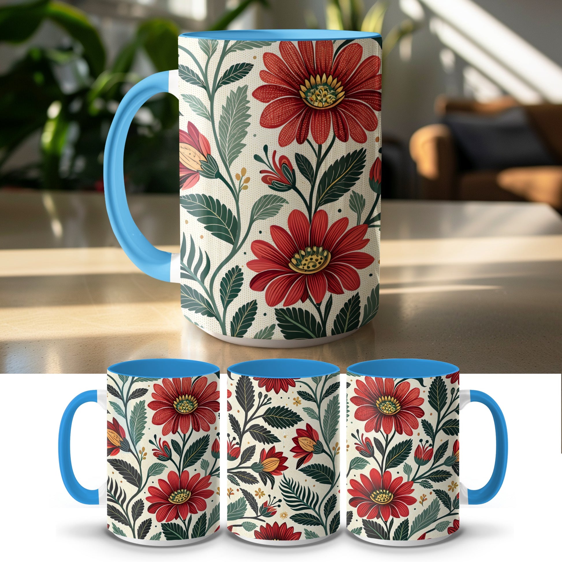 Floral Pattern Blue Handle Coffee Mug product