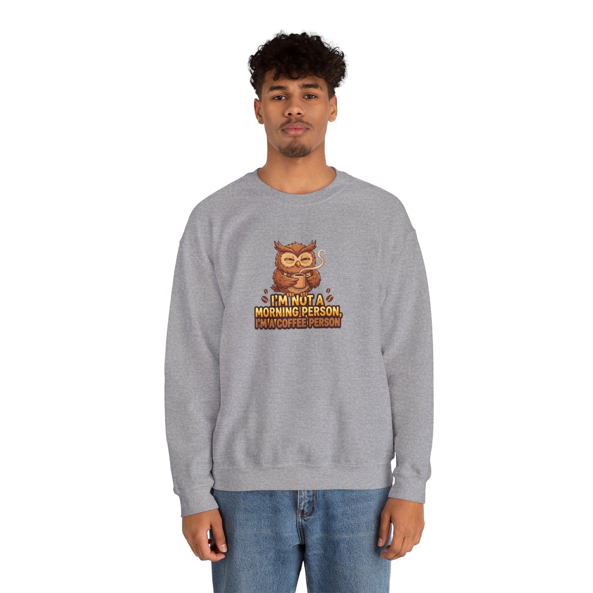 Grey sweatshirt with an owl graphic holding coffee and text "I'm not a morning person, I'm a coffee person."