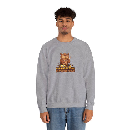 Grey sweatshirt with an owl graphic holding coffee and text "I'm not a morning person, I'm a coffee person."