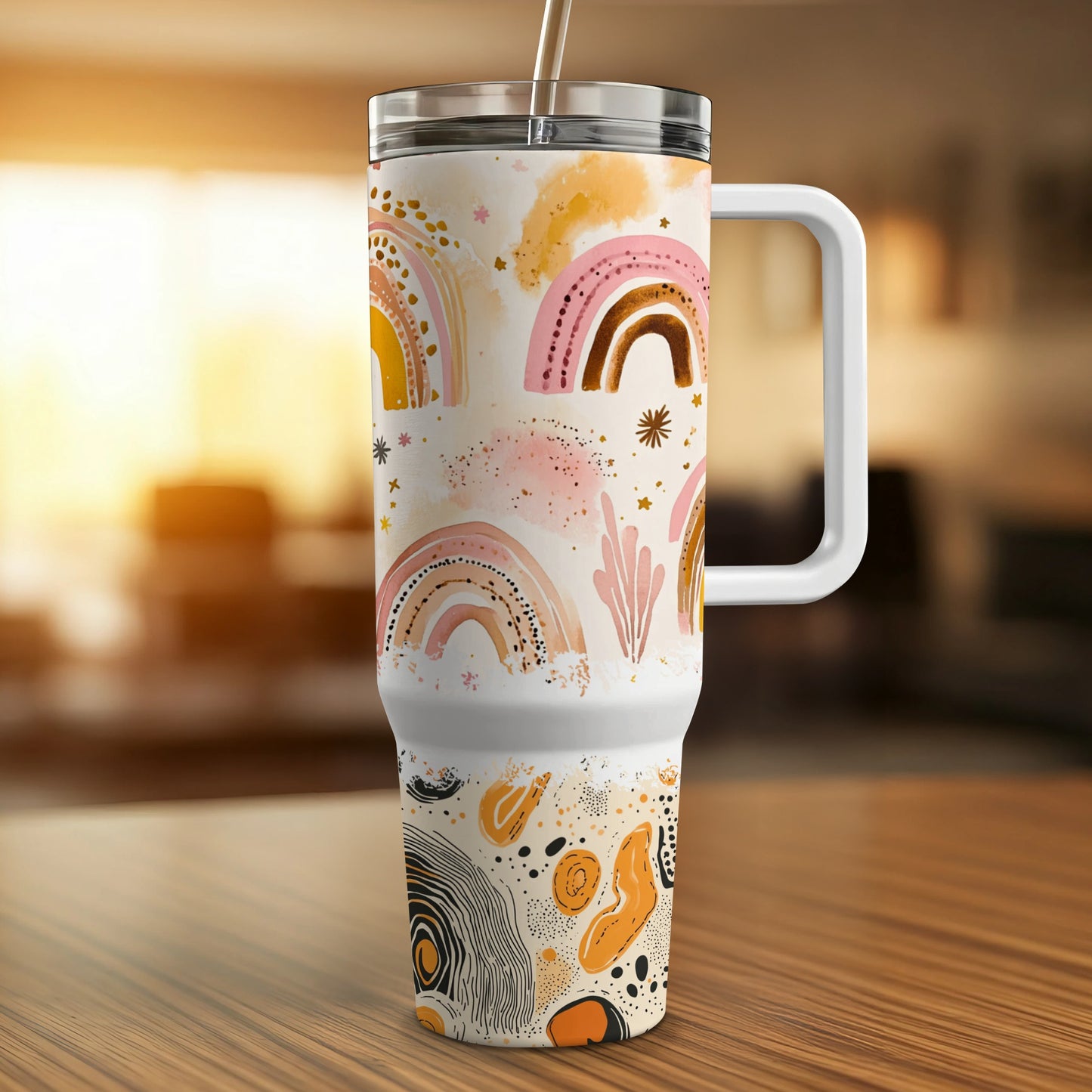 Colorful Abstract Rainbow Print Travel Mug, Insulated Coffee Cup with Lid, Unique Artist Design, Reusable Beverage Container