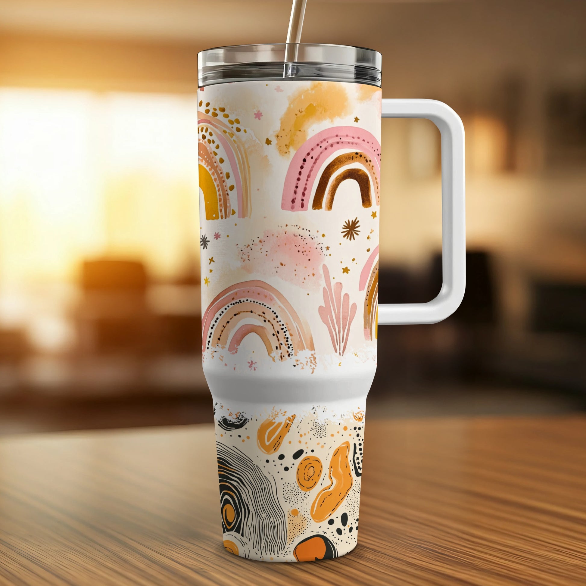 Colorful Abstract Rainbow Print Travel Mug, Insulated Coffee Cup with Lid, Unique Artist Design, Reusable Beverage Container