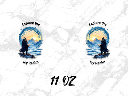 Explore the Icy Realm Wolf Graphic Mug, Artistic Wilderness Theme, 11 oz Coffee Cup, Unique Gift Idea