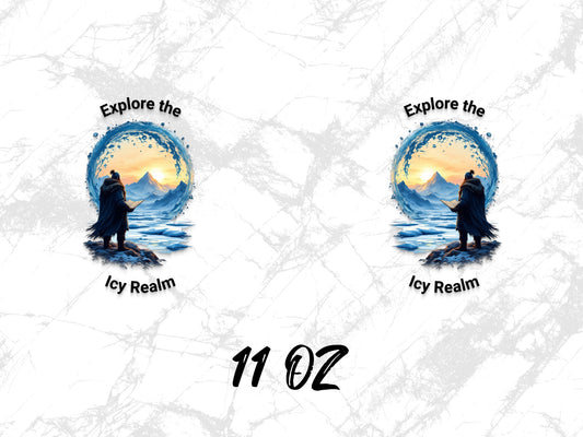 Explore the Icy Realm Wolf Graphic Mug, Artistic Wilderness Theme, 11 oz Coffee Cup, Unique Gift Idea