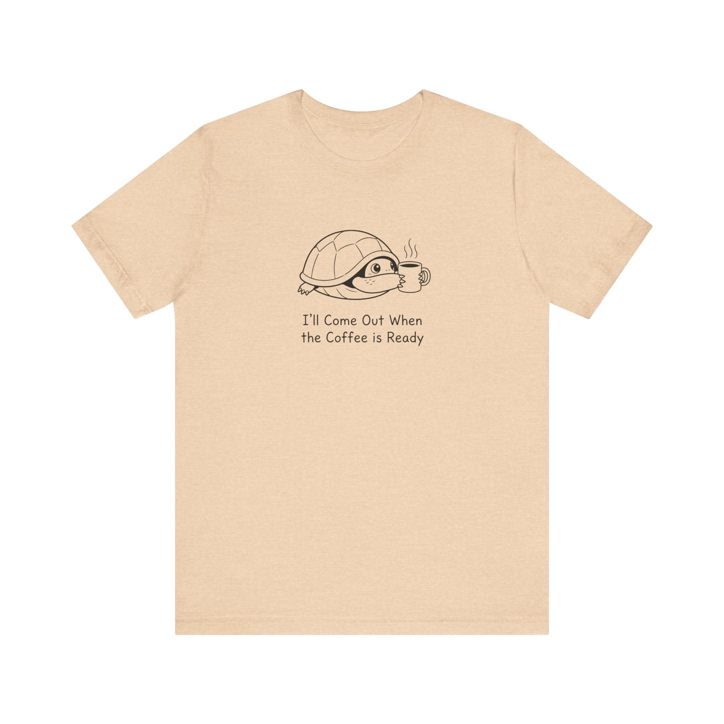 Cream t-shirt with a cartoon turtle waiting for coffee.