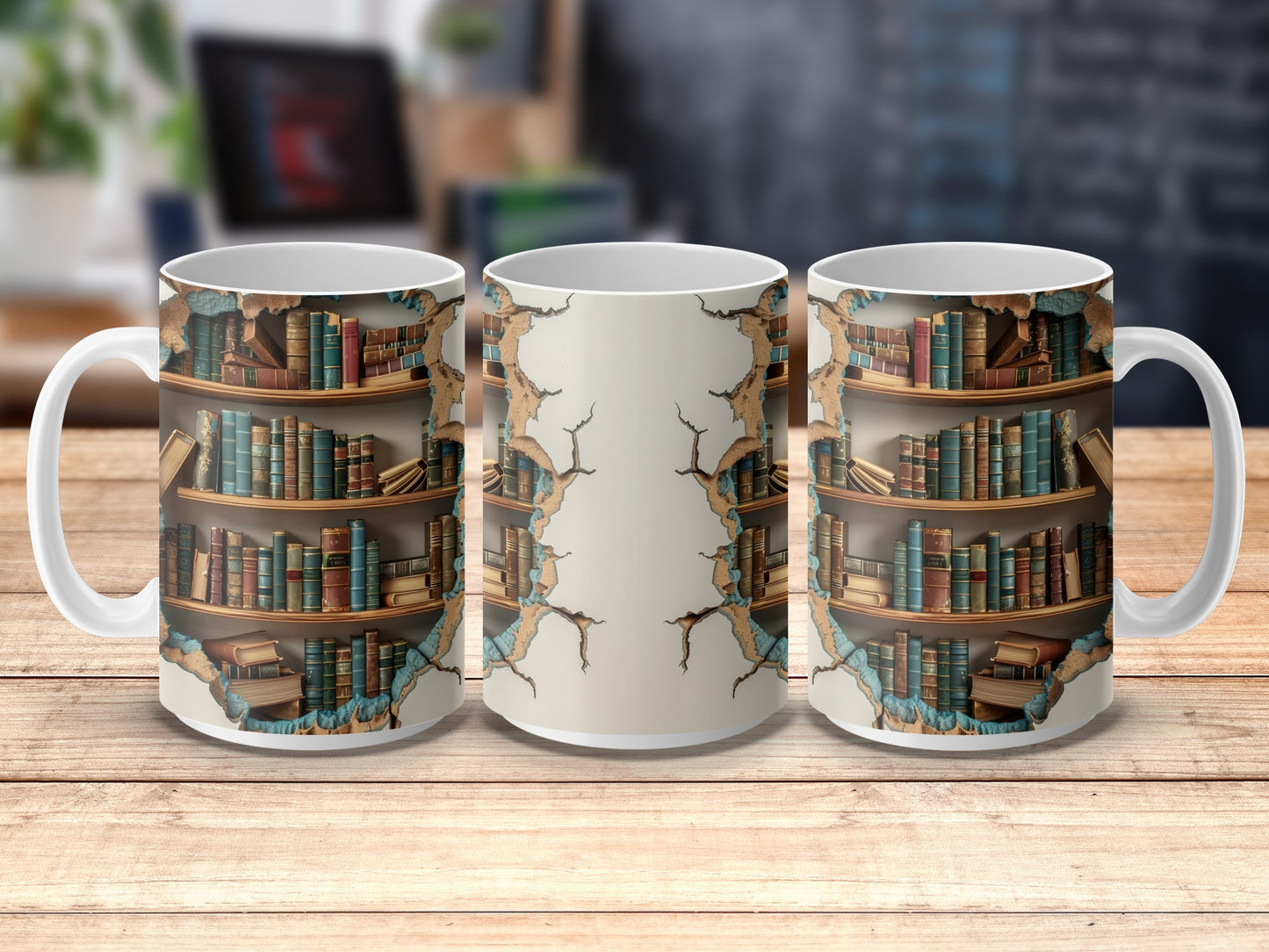 Vintage Library Bookshelf Design Coffee Mug, Unique Literary Gift, Book Lover Ceramic Cup