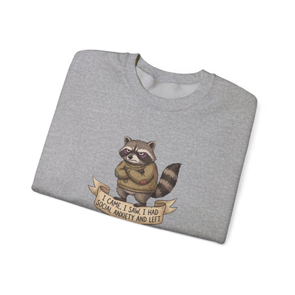 Gray sweatshirt with a raccoon graphic and the text "I CAME, I SAW, I HAD SOCIAL ANXIETY AND LEFT."
