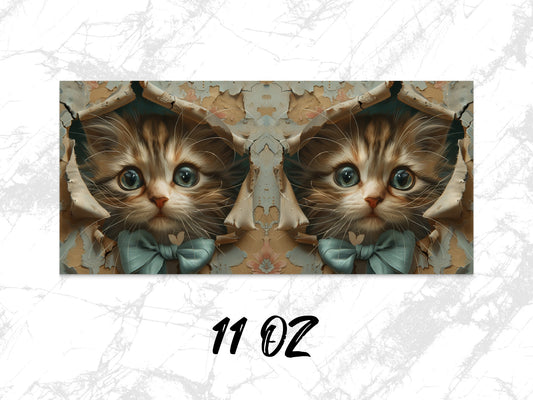 Unique Cat Art Coffee Mug, Symmetrical Kitten Design, 11 oz Ceramic Cup, Perfect Gift for Cat Lovers