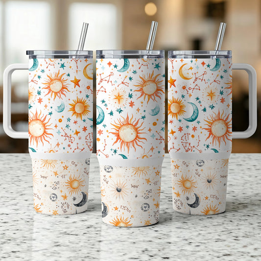 Celestial Tumbler Cups with Lids and Straws, Sun Moon Stars Pattern, Insulated Travel Mugs, Unique Gift Idea