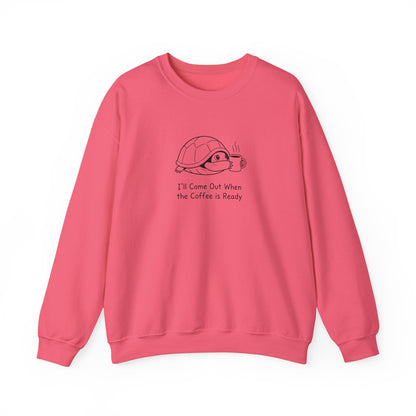 Pink sweatshirt with a cartoon turtle drinking coffee.
