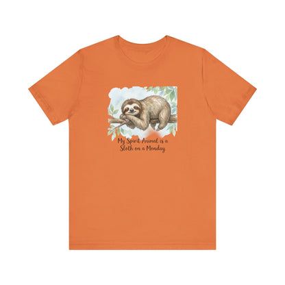 Orange t-shirt with watercolor sloth on a branch, "My Spirit Animal is a Sloth on a Monday."