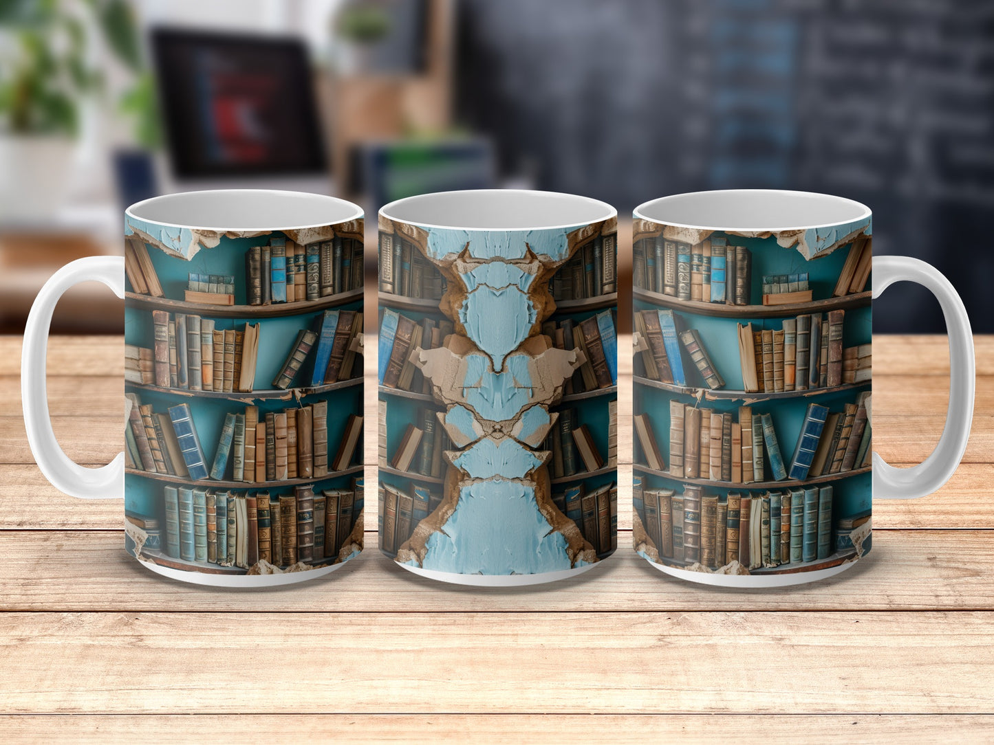 Vintage Library Bookshelf Design Coffee Mugs, Antique Book Lover Gift, Set of 3 Ceramic Mugs
