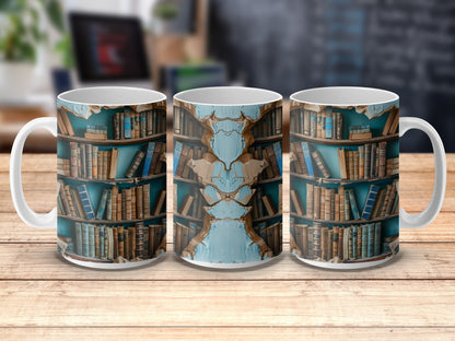 Vintage Library Bookshelf Design Coffee Mugs, Antique Book Lover Gift, Set of 3 Ceramic Mugs