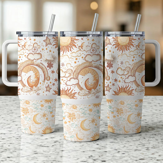 Boho Tumbler Cups With Lids and Straws, Celestial Sun and Moon Design, Stainless Steel Insulated Drinkware Set of 3