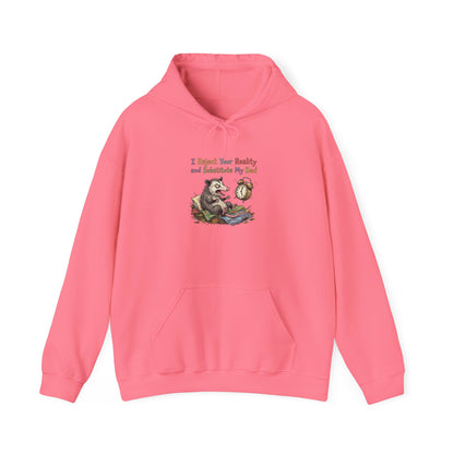 Pink hoodie with possum rejecting reality for bed and alarm clock.
