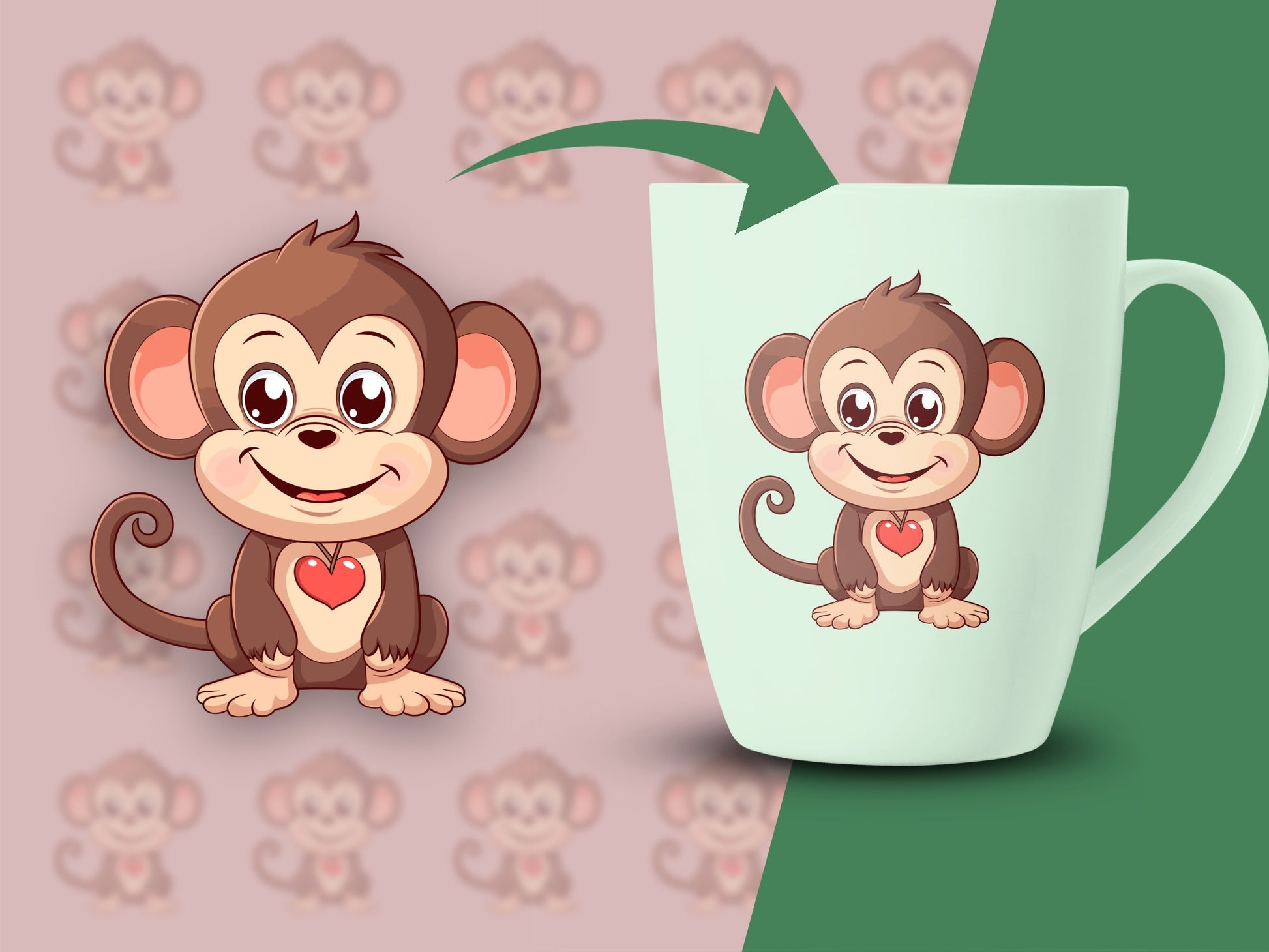 Cute Monkey Coffee Mug, Cartoon Monkey Heart Design, Animal Lover Gift, Ceramic Cup