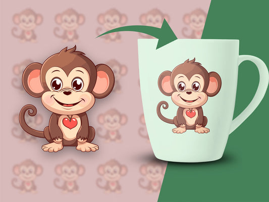 Cute Monkey Coffee Mug, Cartoon Monkey Heart Design, Animal Lover Gift, Ceramic Cup