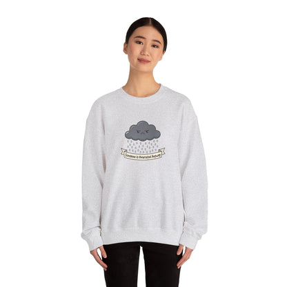Light gray sweatshirt with a cartoon cloud and banner reading "Sunshine is Overrated Anyway."