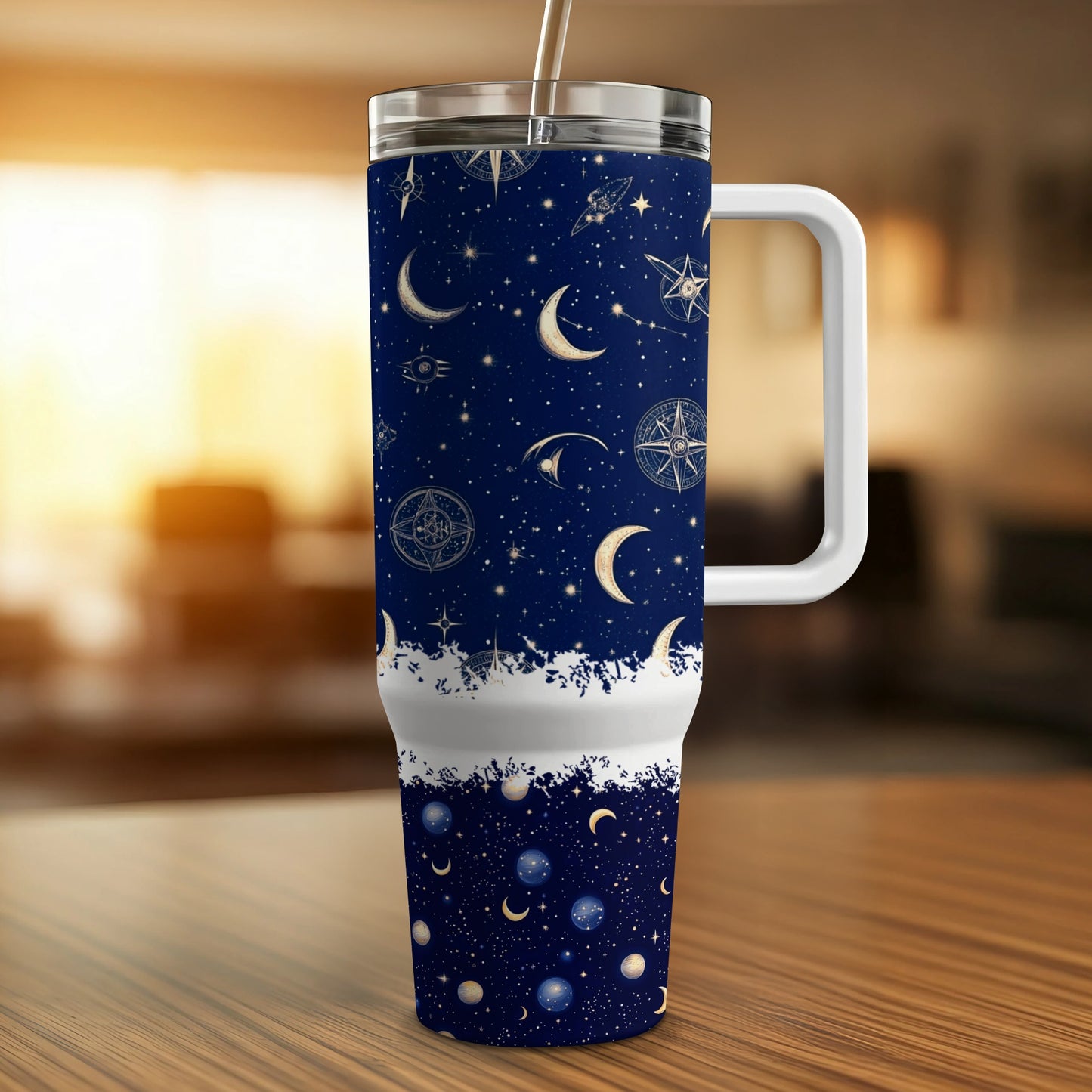 Celestial Tumbler Stainless Steel Insulated Travel Mug with Straw, Moon and Stars Design, 20 oz