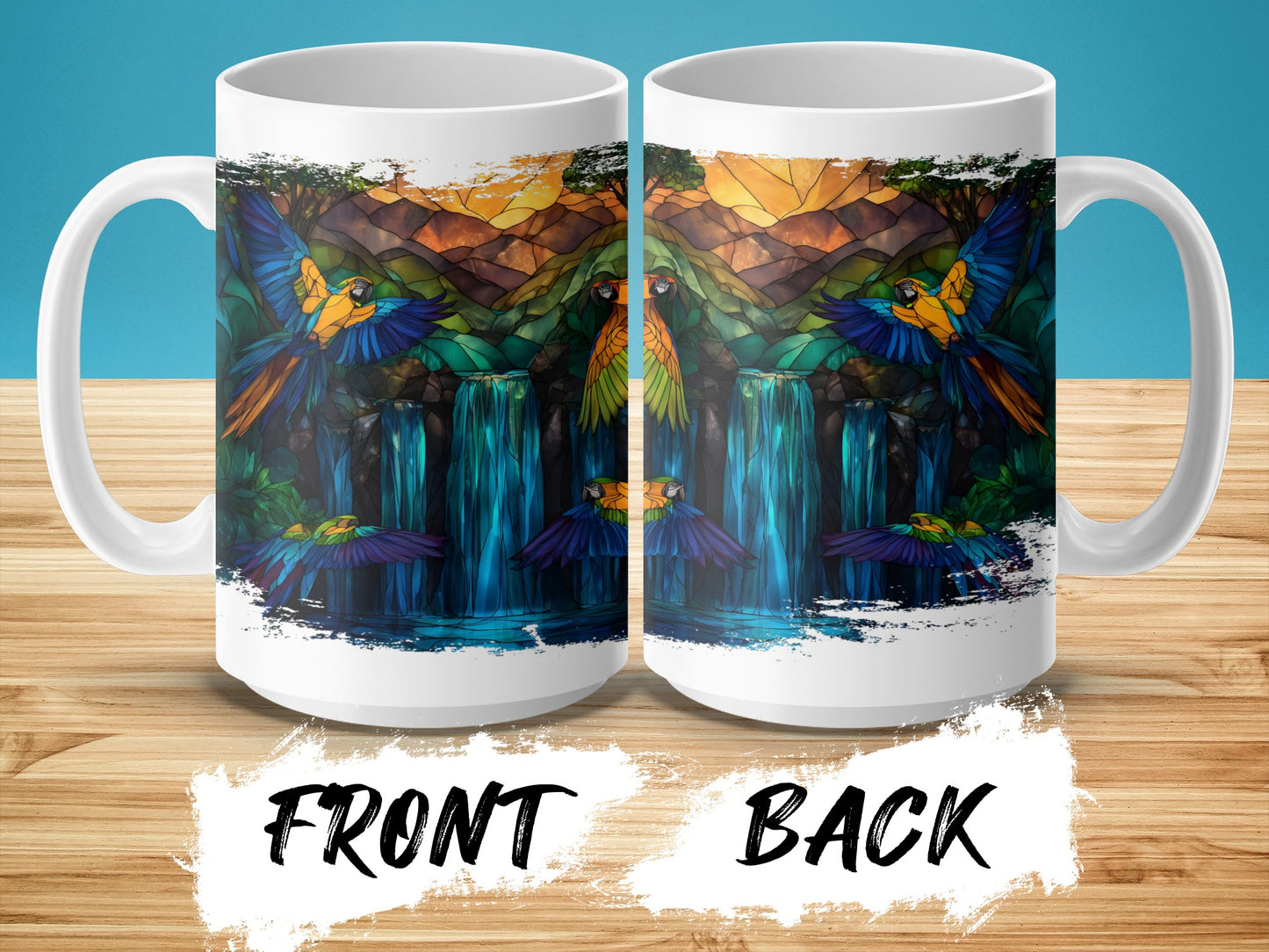Vibrant Tropical Parrot and Waterfall Design Mug product