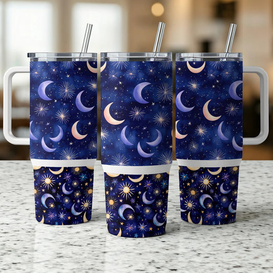 Celestial Pattern Tumbler Cups, Blue Sky Stars and Moons, Insulated Drinkware Set, Stainless Steel Straws, Gift Idea