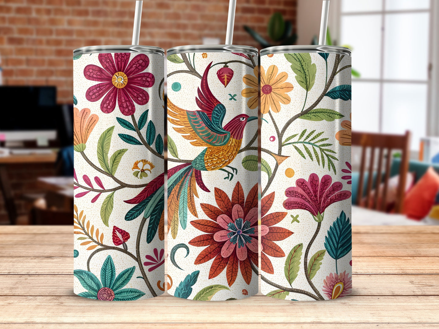 Colorful Floral and Bird Design Tall Tumbler product